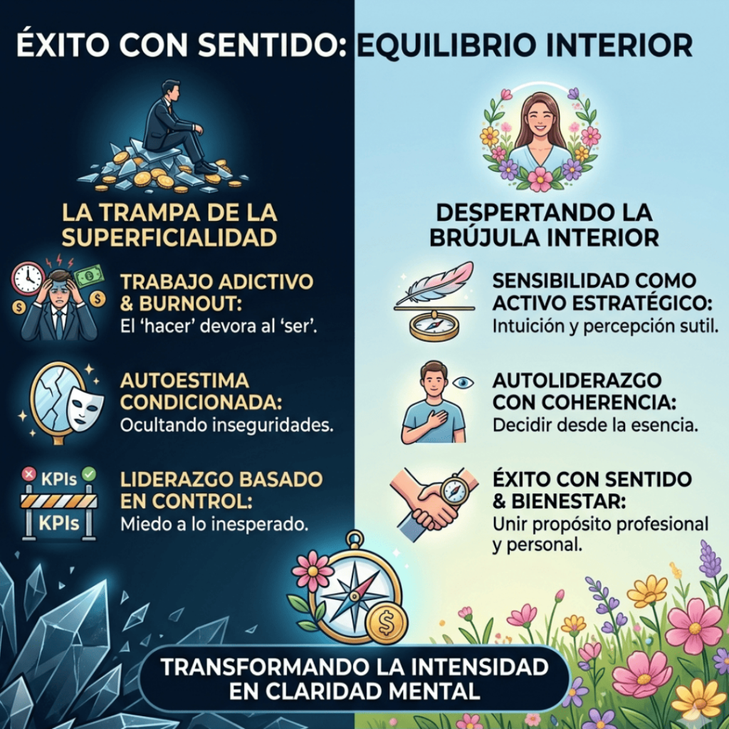 Infografía comparativa de Economía para Bruj@s que muestra la diferencia entre el liderazgo basado en el control (burnout e inseguridad) y el despertar de la brújula interior (sensibilidad y autoliderazgo).