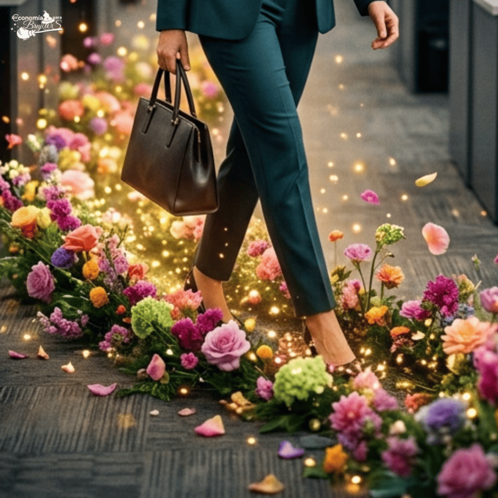 Primer plano de las piernas de una mujer profesional con traje verde azulado y bolso, caminando sobre un sendero de flores vibrantes y luces mágicas que brotan a cada paso en un pasillo de oficina borroso. Representación del éxito sostenible y la coherencia interior.