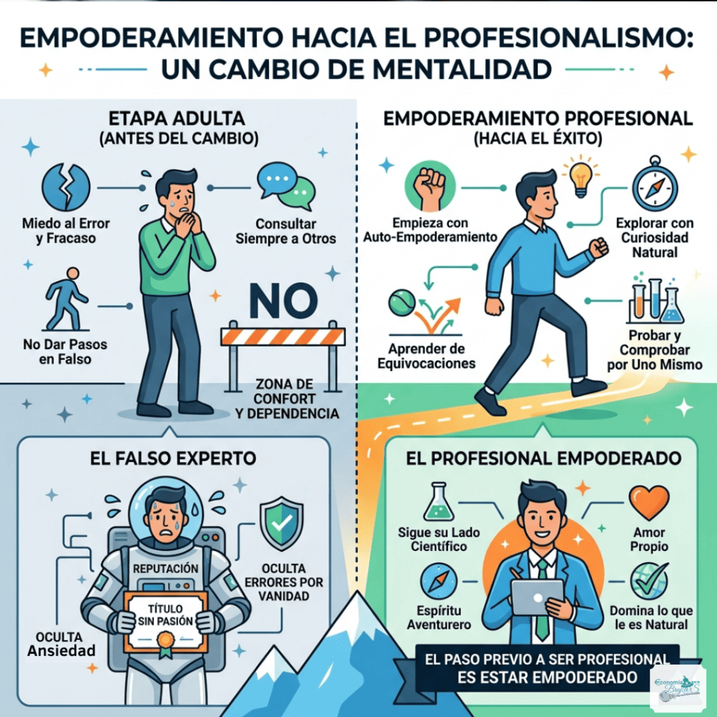 Gráfico comparativo sobre el cambio de mentalidad profesional: del miedo al error y la zona de confort hacia el auto-empoderamiento, la exploración y el dominio de lo natural.