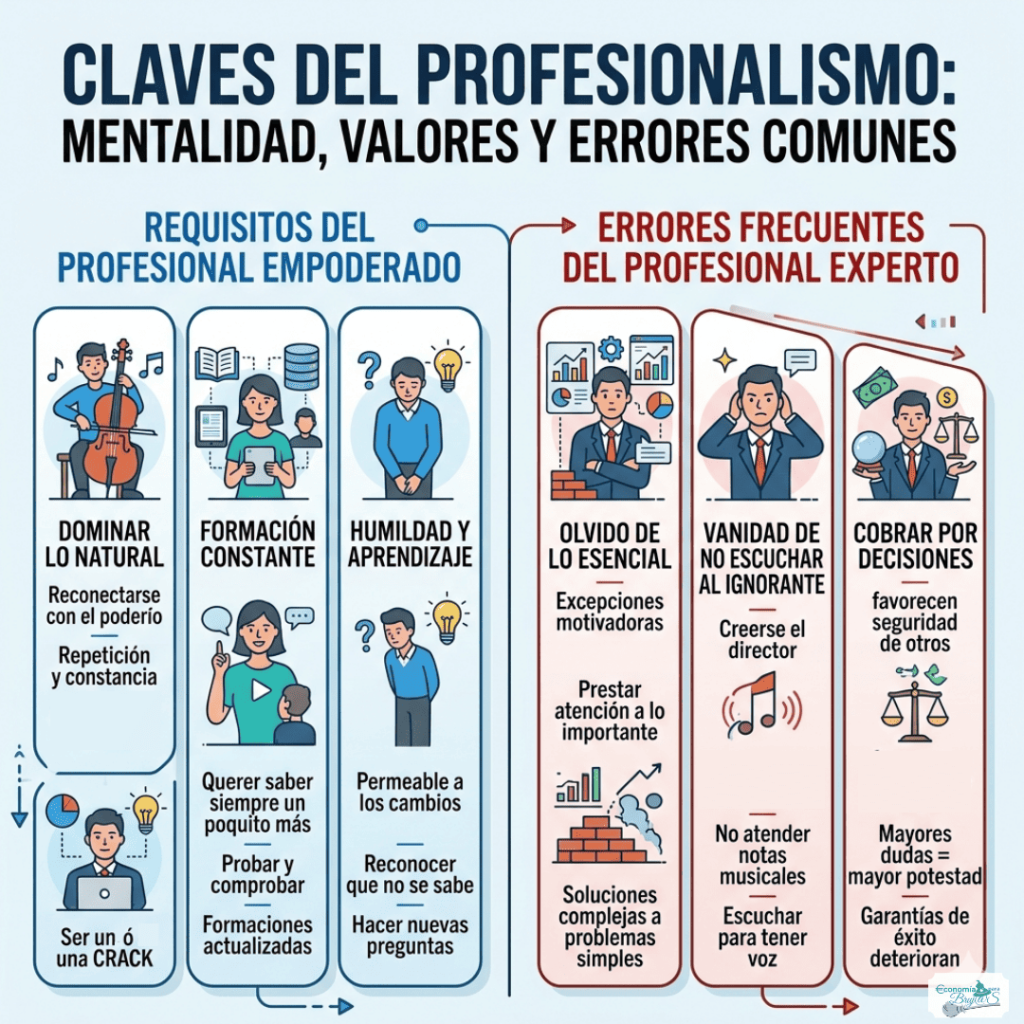 Infografía sobre profesionalismo estratégico que incluye el Principio de Pareto (80/20), la importancia de la humildad, la formación constante y cómo evitar la vanidad de no escuchar al novato.