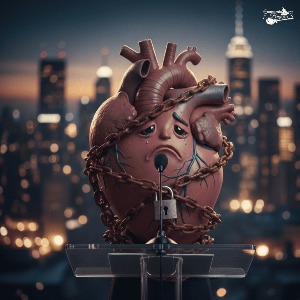 Ilustración artística de un corazón humano con rostro triste, rodeado de cadenas metálicas y un candado, situado frente a un micrófono en un atril con un fondo de ciudad desenfocado. Representa la opresión emocional y la falta de voz propia en el entorno profesional.