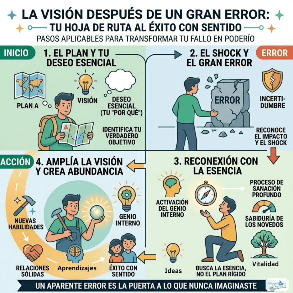 Infografía de autoliderazgo que muestra los pasos para superar un fracaso: identificar el deseo esencial, reconocer el shock, buscar la esencia y activar el genio interno para crear abundancia.