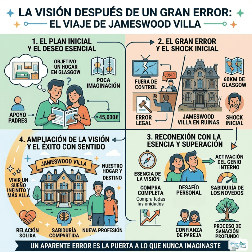 Infografía detallada sobre autoliderazgo y gestión del cambio que explica cómo un error en una subasta inmobiliaria se convirtió en un proyecto de vida exitoso sin plan previo.