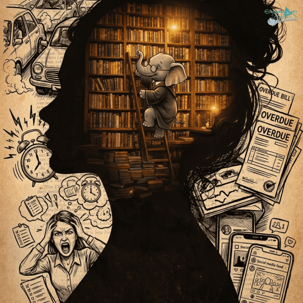 Silueta de una mujer con una biblioteca iluminada y un pequeño elefante en una escalera dentro de su mente, contrastada con dibujos de estrés como tráfico, notificaciones de móvil y facturas vencidas.