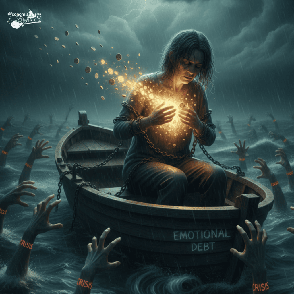 Representación visual del Patrón del Salvador: una mujer encadenada en un bote que se hunde entregando su energía vital (monedas de oro) a clientes en crisis, simbolizando el autosabotaje y la falta de límites en el entorno profesional.