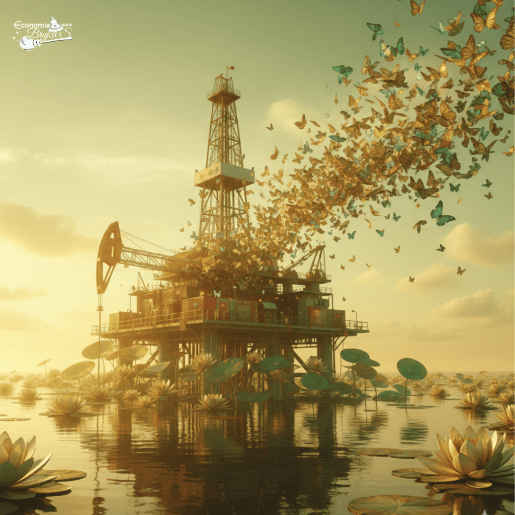 Una plataforma petrolífera dorada en medio de un océano de nenúfares gigantes, con una explosión de miles de mariposas monarca saliendo de su torre central. Estilo surrealista y onírico que representa la transformación de la industria pesada en energía vital y sensibilidad.
