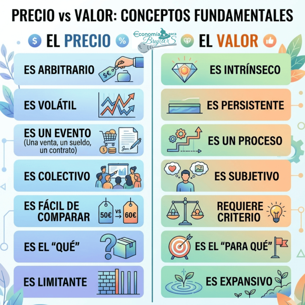 Infografía comparativa de Economía para Bruj@s sobre Precio vs Valor. A la izquierda, el precio como algo colectivo y limitante; a la derecha, el valor como un proceso subjetivo, expansivo y con propósito.