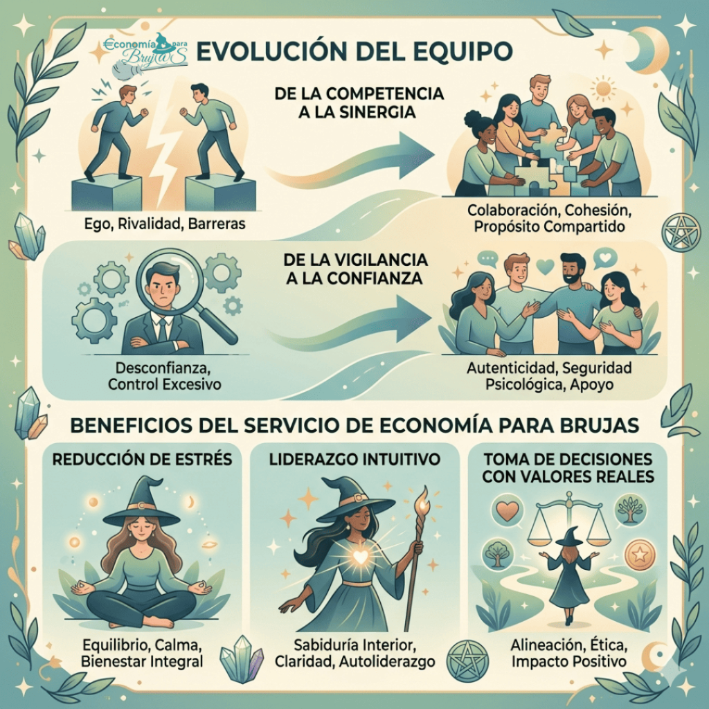 Gráfico de beneficios del servicio de Economía para Brujas: reducción de estrés, liderazgo intuitivo y toma de decisiones con valores reales.