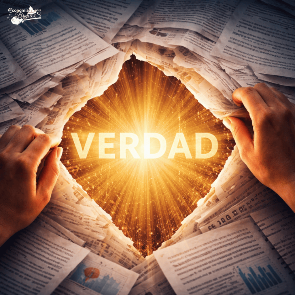 Manos quitando capas de papel con texto complejo para descubrir una luz central que forma la palabra 'VERDAD'.