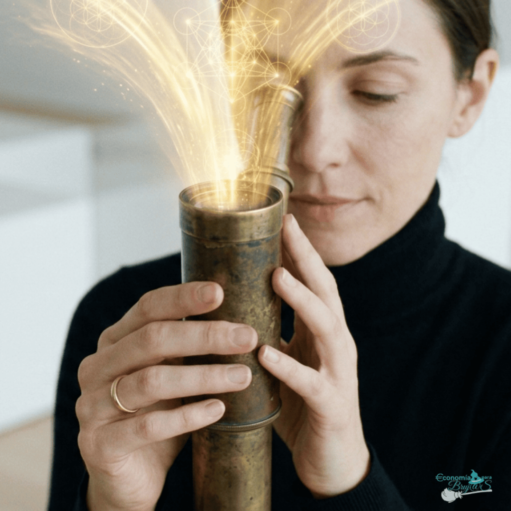 Primer plano de una mujer con los ojos cerrados sosteniendo un antiguo telescopio de latón, del cual emana una luz dorada y un patrón geométrico sagrado.