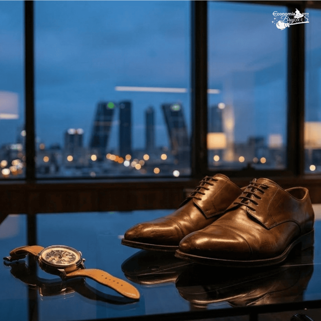 Zapatos de vestir marrones y reloj de pulsera sobre mesa reflectante en una oficina de Madrid al anochecer, representando la técnica de lectura en frío.