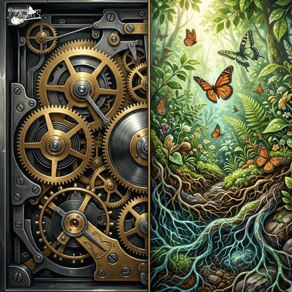 Comparación visual entre un mecanismo de reloj detallado (representando lo complicado y lineal) y un bosque vibrante e interconectado (representando lo complejo y sistémico).