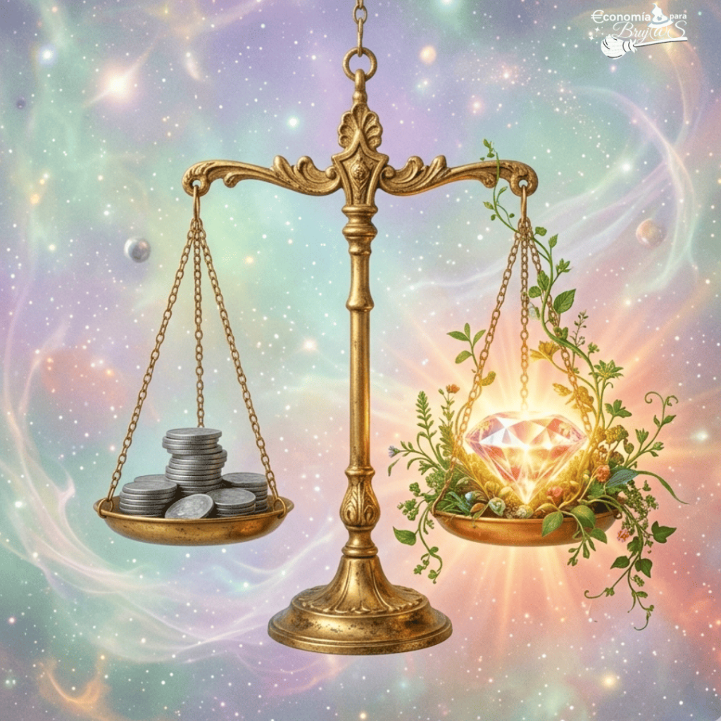 Imagen de una balanza equilibrando monedas (precio) con una gema (valor intrínseco).