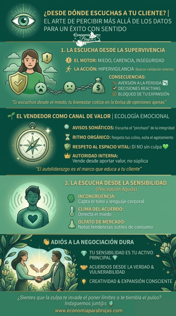 Infografía boutique mística que muestra la diferencia entre la Escucha desde la Supervivencia y la Escucha desde la Sensibilidad Profunda en los negocios. Incluye pasos para la Ecología Emocional del vendedor y el camino hacia el fin de la negociación dura.