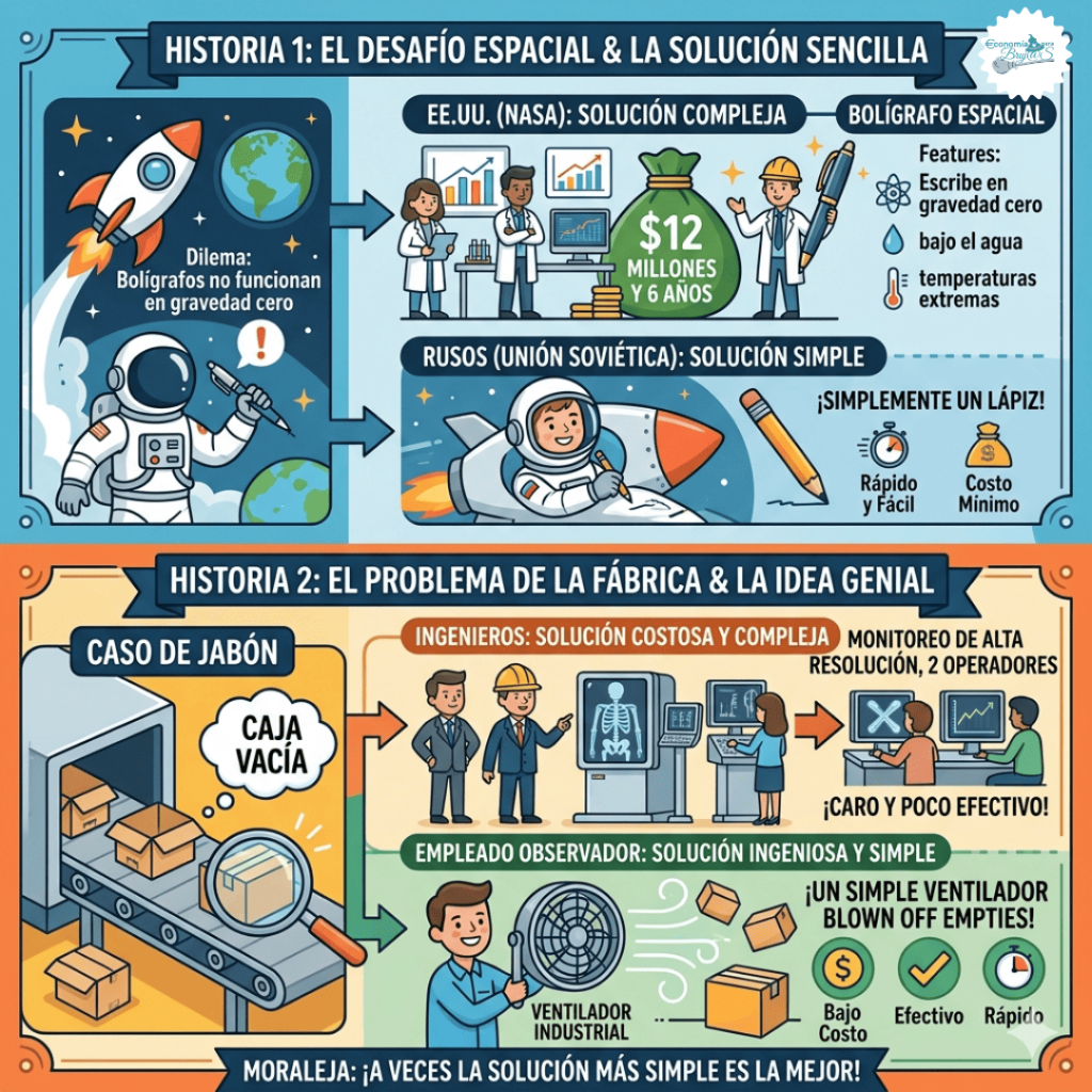 Infografía comparativa de dos historias: el bolígrafo espacial de la NASA vs. el lápiz ruso, y la máquina de rayos X vs. el ventilador industrial en una fábrica de jabón.