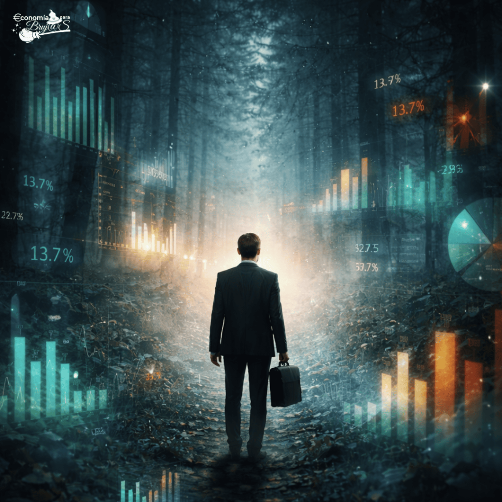 Un emprendedor abrumado por una niebla de gráficos financieros complejos, buscando la claridad de su intuición.
