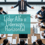 Un grupo de profesionales en una sala de reuniones corporativa moderna, con un líder masculino de pie en la cabecera de la mesa en una postura de dominancia (Alfa), mientras los miembros del equipo están sentados a su alrededor.