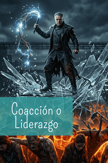 Un hombre de aspecto autoritario con un látigo eléctrico se alza sobre un grupo de personas que brillan con luz dorada. Fotografía contextual que simboliza un liderazgo basado en la coacción.