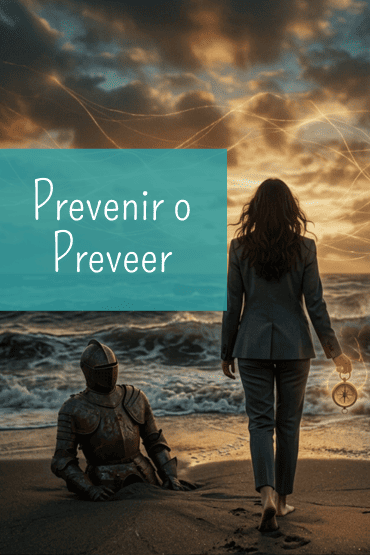 Cubierta del artículo "Prevenir o Preveer" de Economía para Bruj@s, mostrando una armadura oxidada en la arena y una mujer con traje caminando hacia el mar con una brújula luminosa, representando el cambio de la prevención por miedo a la previsión sensible.