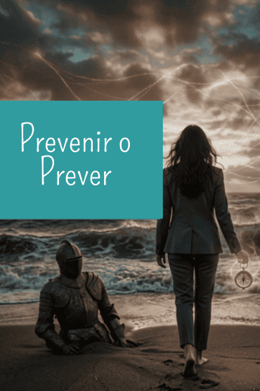 Una armadura oxidada en la arena y una mujer con traje caminando hacia el mar con una brújula luminosa, representando el cambio de la prevención por miedo a la previsión sensible.