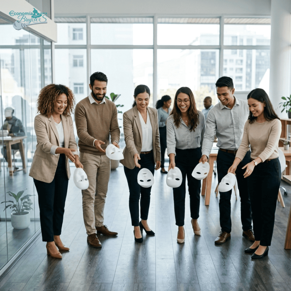 Profesionales soltando máscaras de "perfección" para conectar desde la autenticidad y el liderazgo intuitivo en Economía para Brujas.