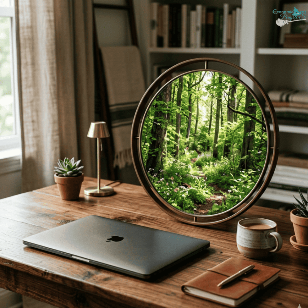 Un escritorio de madera con un portátil cerrado y una taza de café, junto a un espejo circular grande que refleja un bosque vibrante y lleno de vida, simbolizando la claridad mental y la visión profunda en los negocios.