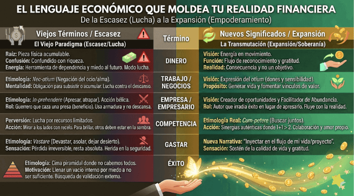 Análisis lingüístico y etimológico de términos económicos clave, contrastando la mentalidad de escasez con la de abundancia.