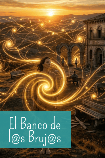 Una mujer frente a un paisaje con espirales de luz dorada que representan la expansión de la conciencia económica y el fin de la escasez.