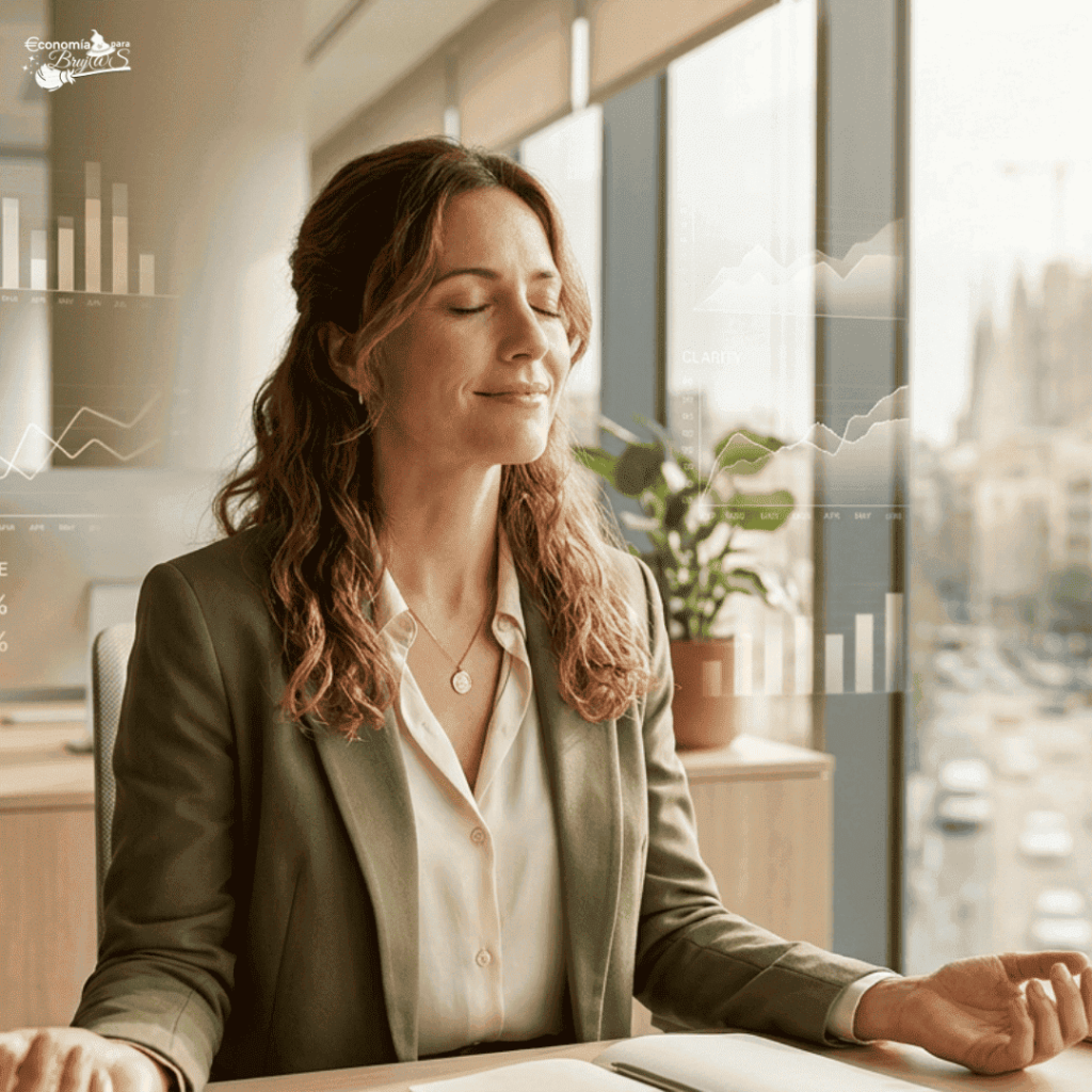 Mujer profesional con ojos cerrados y expresión serena en una oficina iluminada, rodeada de gráficos financieros traslúcidos que flotan, simbolizando la integración de la sensibilidad estratégica y la mentalidad de abundancia en el liderazgo.