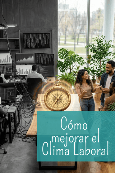 Fotografía cinematográfica de una oficina dividida en un lado frío y con datos, y otro cálido con personas y plantas, con una brújula dorada flotante en el centro sobre una mesa de madera.