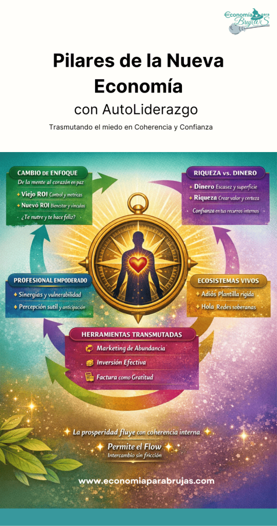 Infografía de Economía para Brujas sobre los pilares de la nueva economía y autoliderazgo. Muestra una brújula dorada con una silueta humana y un corazón iluminado, comparando el viejo ROI (control) con el nuevo ROI (bienestar) y la diferencia entre dinero (escasez) y riqueza (valor).