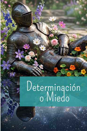 Armadura metálica en un jardín de flores, simbolizando el paso de la determinación del ego (defensa) a la determinación de la esencia (creación).