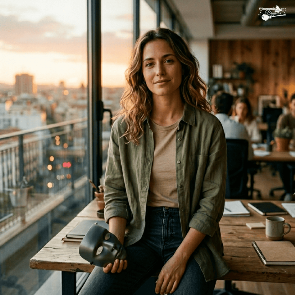 Retrato de una mujer con cabello ondulado sentada en un escritorio de madera, sosteniendo una máscara negra simple y mirando a cámara con expresión serena. Fondo de una ciudad al atardecer y una oficina moderna.