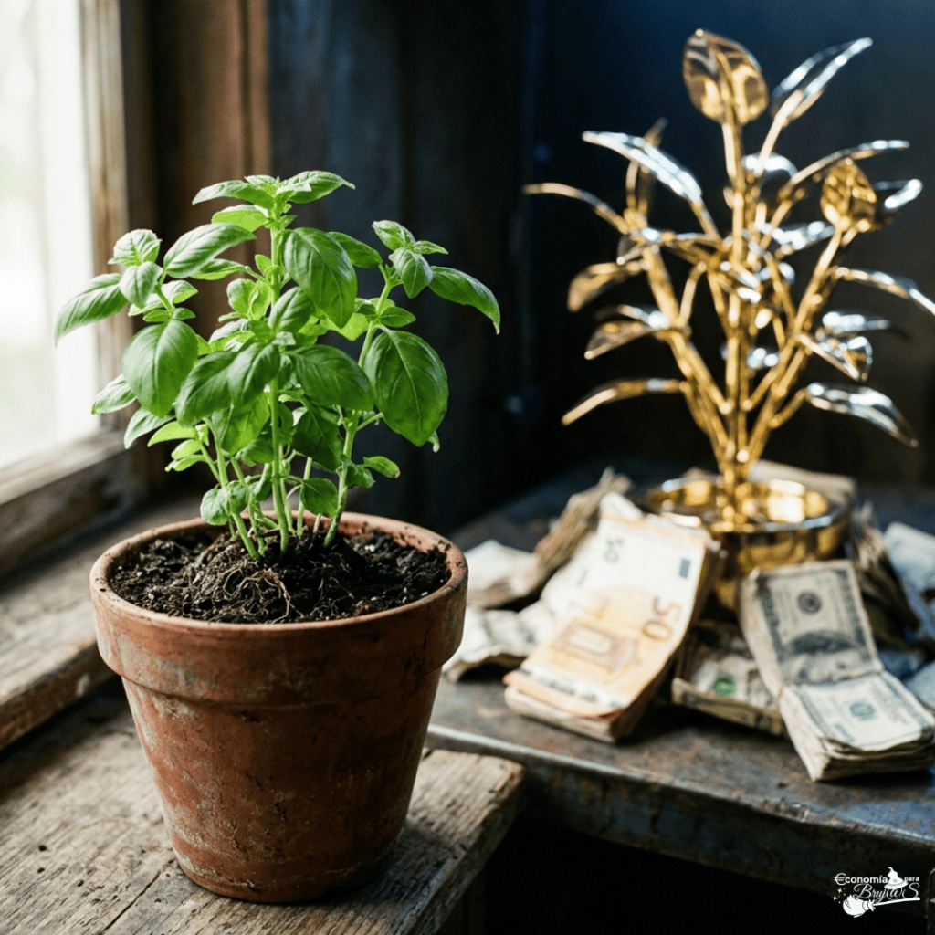 Una planta de albahaca verde y real en una maceta de barro junto a una planta artificial dorada rodeada de fajos de billetes de euros y dólares.