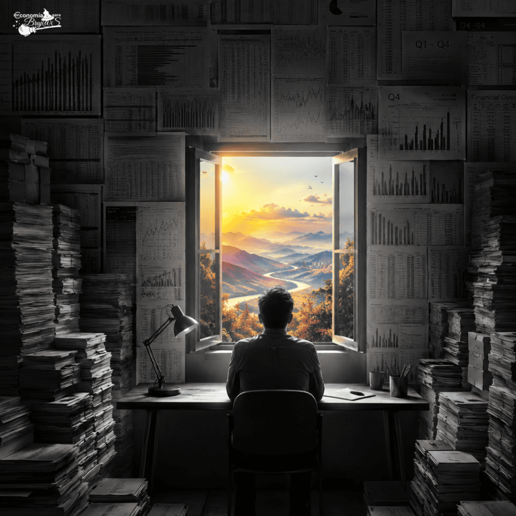 Vista trasera de un hombre sentado frente a un escritorio en una habitación oscura cuyas paredes están completamente cubiertas de hojas de datos, gráficas de barras y reportes financieros. El hombre contempla una ventana abierta central que revela un paisaje natural radiante con montañas, un río sinuoso y un amanecer dorado.