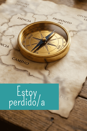 Brújula dorada sobre mapa antiguo con palabras 'Esencia' y 'Propósito', representando la búsqueda de dirección personal.