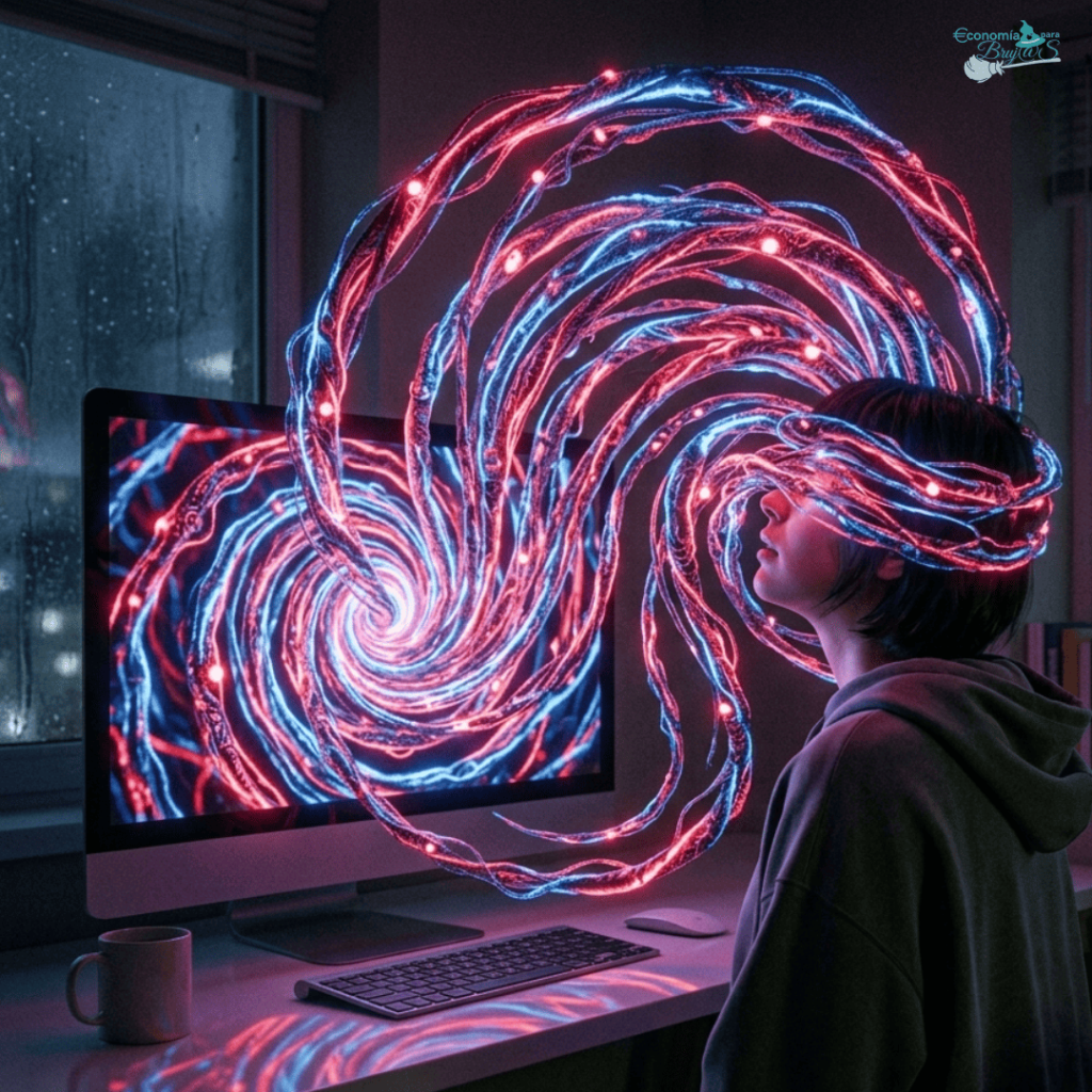 Espiral luminosa de datos digitales que sale de una pantalla de ordenador y rodea la cabeza de una persona, ilustrando el ciclo de pensamiento circular y la rumia digital.
