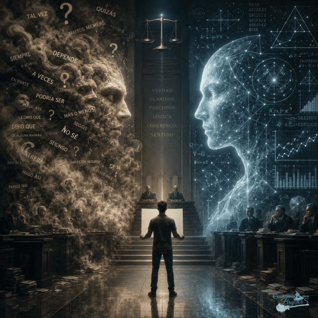 Un hombre frente a dos rostros gigantes: uno de humo oscuro que representa la ambigüedad y otro digital azul que representa la verdad, la precisión y la lógica de la IA.