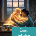 Una persona abrazando un holograma de robot dorado frente a una ventana.