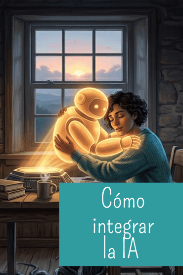 Una persona abrazando un holograma de robot dorado frente a una ventana.