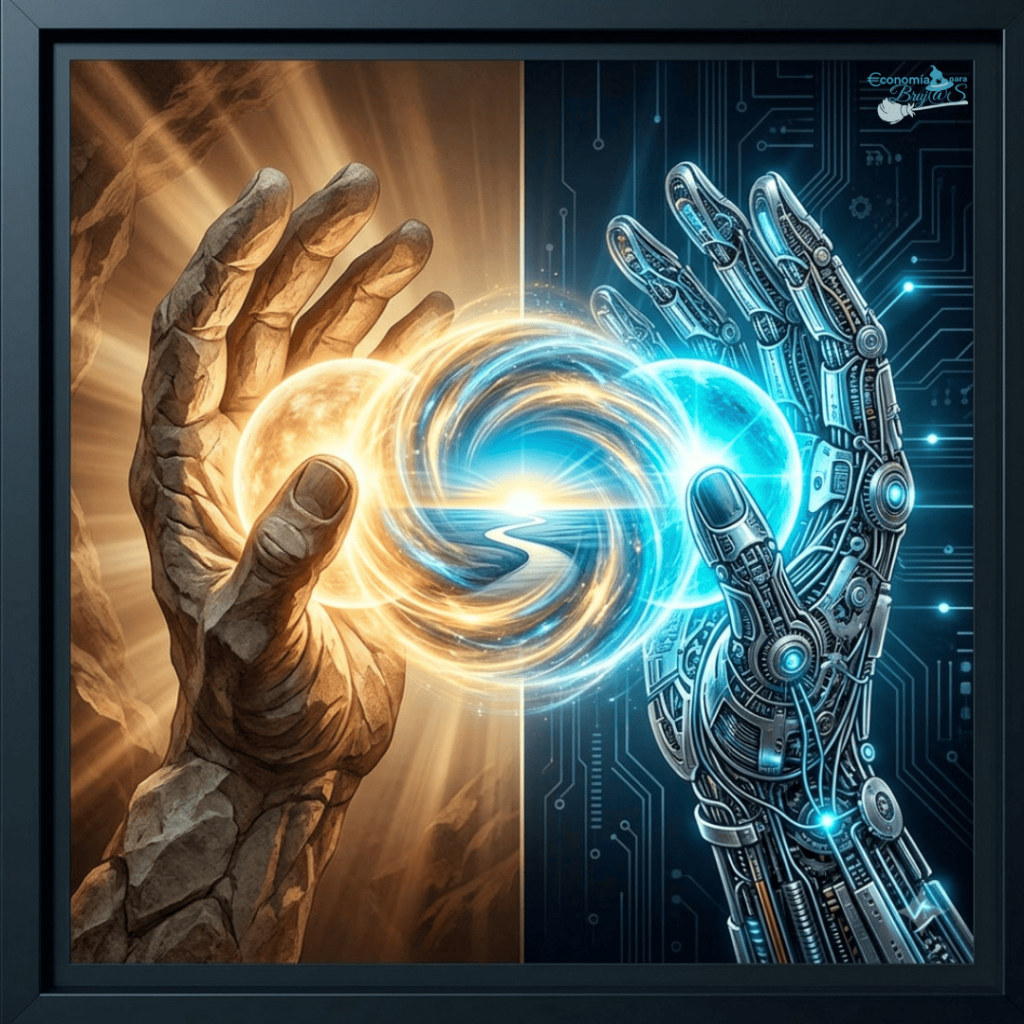 Primer plano de una mano humana de piedra y una mano robótica tocando un portal de luz brillante, simbolizando la colaboración entre la mente humana y la Inteligencia Artificial.
