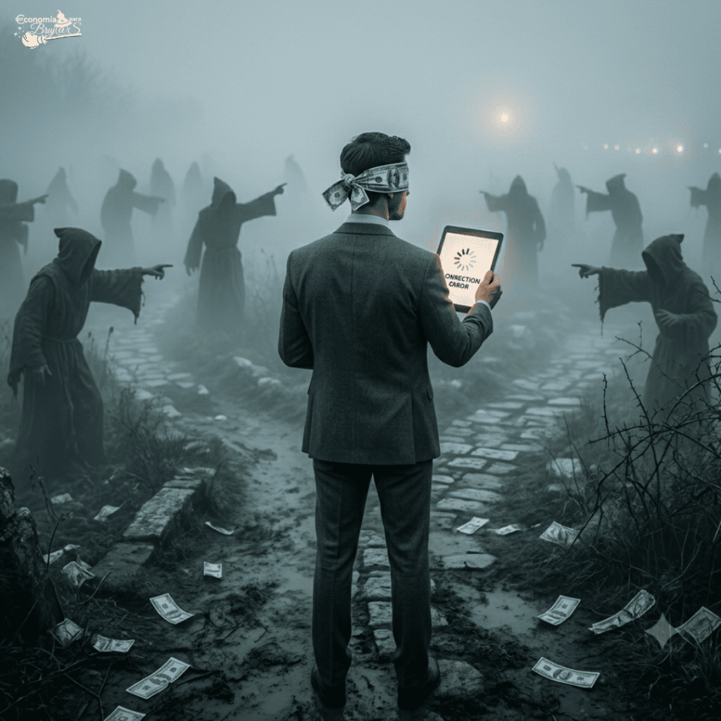 Hombre de traje gris de espaldas con los ojos vendados por un billete de banco, sosteniendo una tablet en un sendero de piedra rodeado de niebla y figuras encapuchadas.