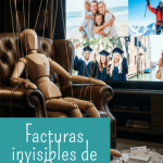 Muestra un maniquí de madera sujeto por hilos como una marioneta en un sillón de cuero, mirando una pantalla con fotos de una familia en la playa, graduados universitarios y un viaje. En el suelo hay un montón de facturas en papel arrugadas y monedas.