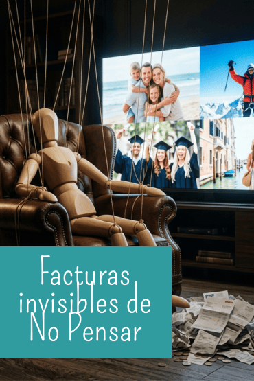 Muestra un maniquí de madera sujeto por hilos como una marioneta en un sillón de cuero, mirando una pantalla con fotos de una familia en la playa, graduados universitarios y un viaje. En el suelo hay un montón de facturas en papel arrugadas y monedas.