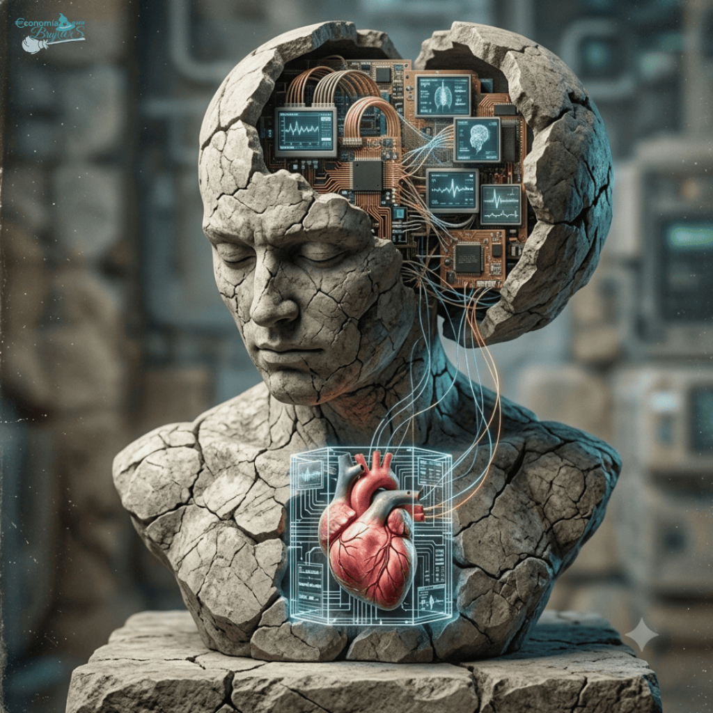 Busto de piedra agrietada mostrando un cerebro lleno de microchips y circuitos de datos estructurados, mientras el área del corazón permanece bloqueada por líneas de código digital.