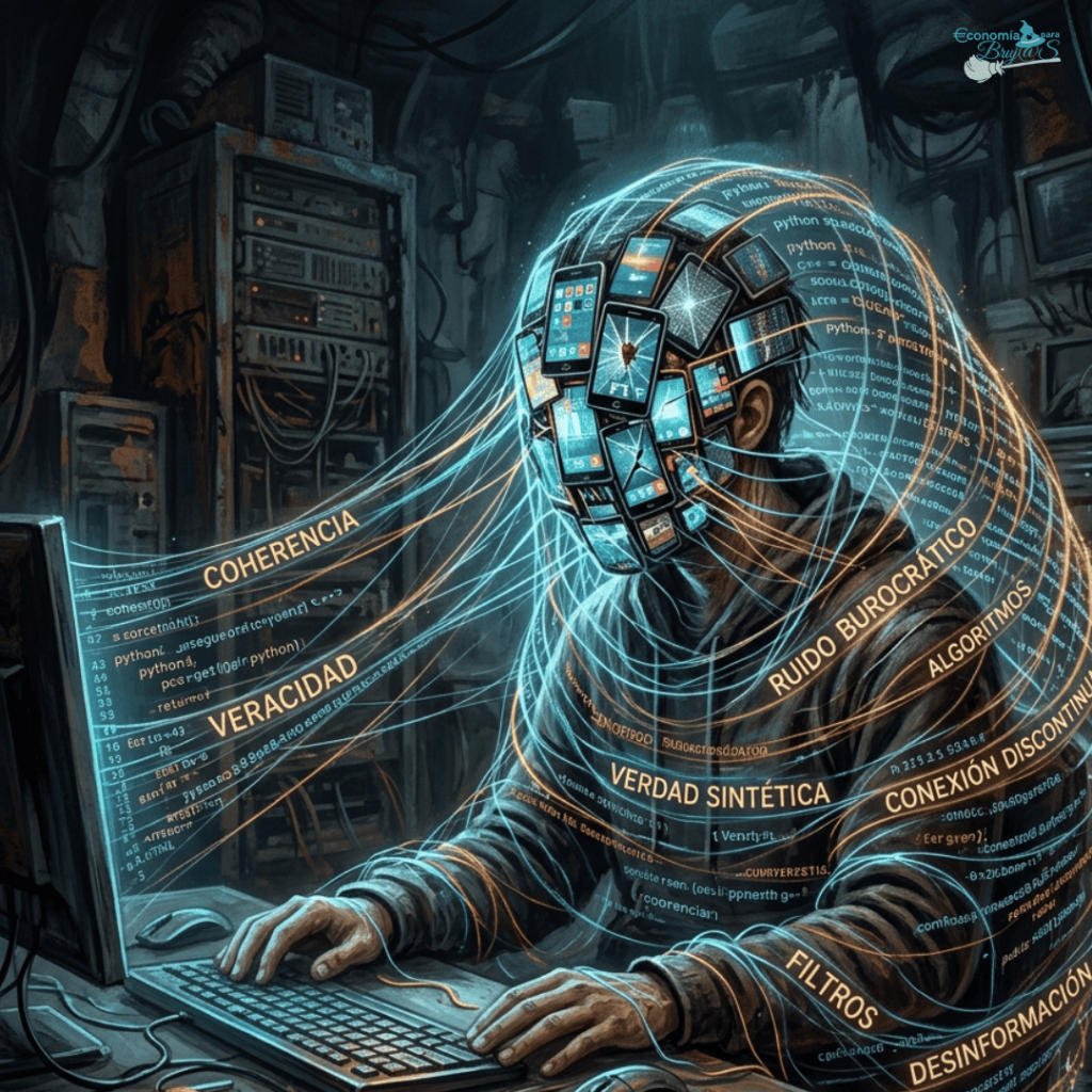 Persona con el rostro cubierto de pantallas de smartphones operando un ordenador, rodeado de flujos de datos con conceptos de desinformación, filtros y algoritmos.