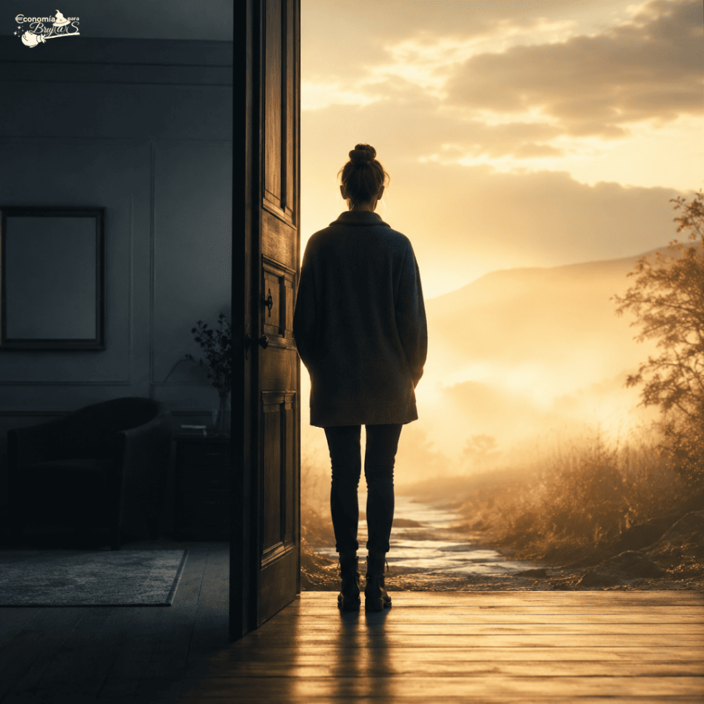 Silueta de una mujer de espaldas cruzando una puerta abierta que separa una habitación interior oscura de un paisaje exterior natural iluminado por un amanecer dorado.