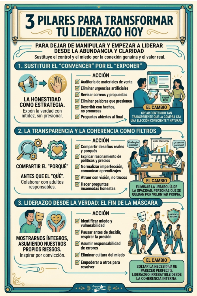 Infografía detallada con los 3 pilares para un liderazgo consciente: sustituir convencer por exponer, usar la transparencia como filtro y liderar desde la verdad sin máscaras.