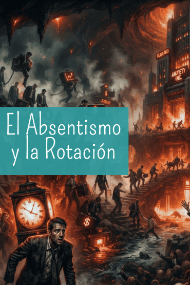 Ilustración de portada que muestra una escena caótica y de pesadilla en una oficina oscura y ardiente, con trabajadores desesperados.