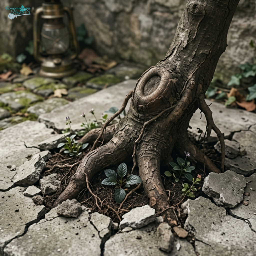 Una raíz de árbol fuerte emergiendo y rompiendo el pavimento de cemento gris, con pequeños brotes de vida a su alrededor. Metáfora visual de la verdad y la intuición superando sistemas obsoletos.